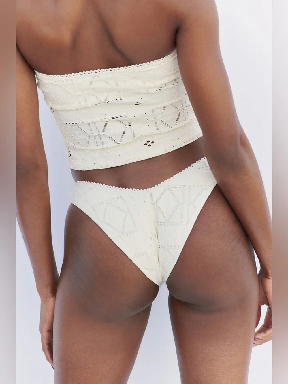 Frankie’s Bikinis Patchwork Enzo Cheeky Bikini Bottom and Top Set in Angel Dust